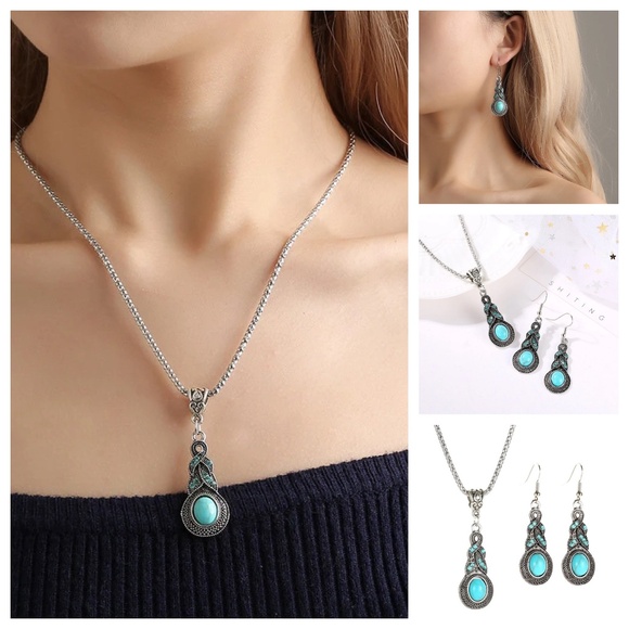 Antique Turquoise Tear Drop 2 Piece Jewelry Set. Necklace, Earrings - Picture 1 of 9